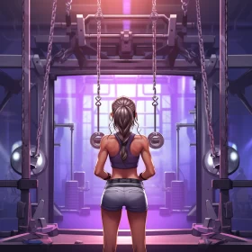 Female Athlete Lifting Weights in Industrial Gym with Synthwave Aesthetic