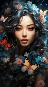 Asian-Inspired Anime Style Portrait of Woman with Butterflies