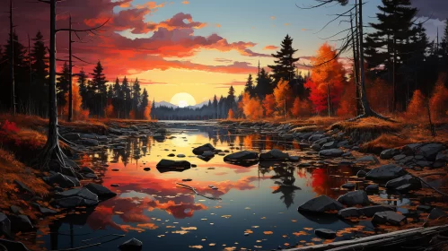 Autumn Sunrise Over Mountains with Tranquil River Reflection