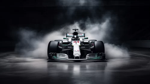 Emerald White Mercedes F1 Car on Track in Mystique Smog  - AI Generated Images