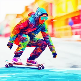 Vibrant Low Poly Digital Art of Skateboarding in Street Scene