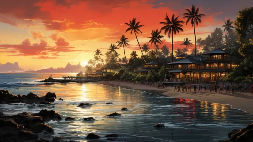 Panoramic Tropical Beach Sunset with Neo-Geo Resort