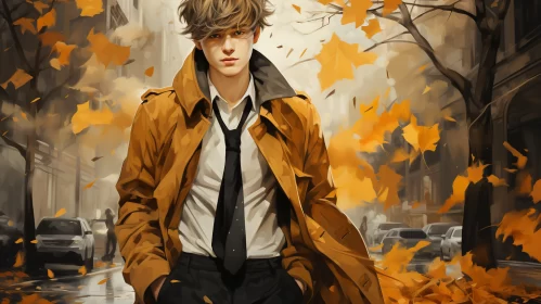 Romantic Manga-inspired Digital Painting of a Young Man Walking Down a Street Filled with Colorful L