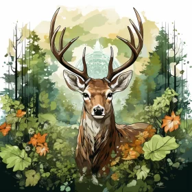 Watercolor Illustration of Deer in Forest - Freehand Painting Style