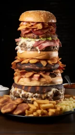 Monumental Stacked Burger Over Fries: A Frostpunk Aesthetic