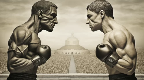 Sepia-Toned Standoff Between Boxers Illustration with Political Context