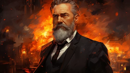 Intense and Dramatic Artwork: Bearded Man in Suit Against Raging Fire