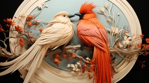 Exquisite Paper Sculpture of Two Birds on a Red Base - Vibrant Colors and Intricate Details