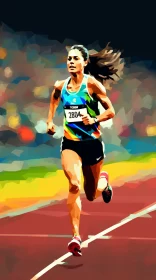 Female Athlete Running on Track in Sunset - Pop Art Meets Neo-Expressionism