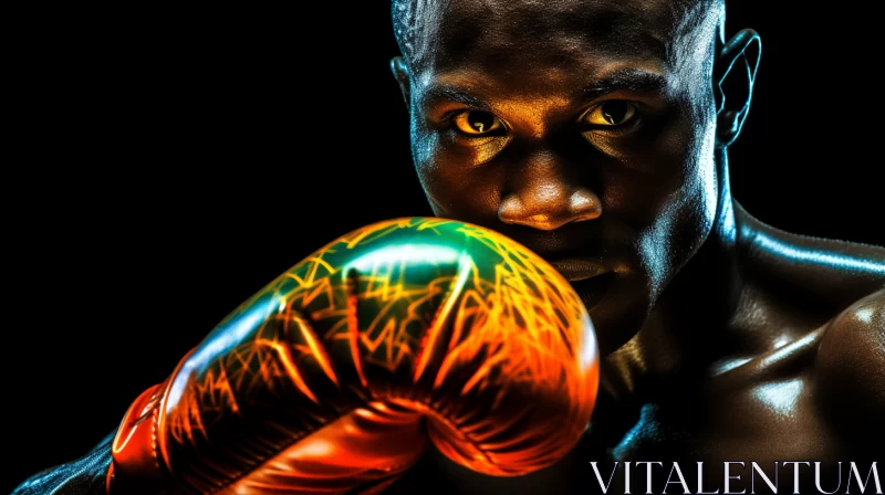 Photo-Realistic Image of Prepared Boxing Player in Dimly Lit Room