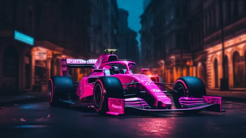 Photorealistic Animation of Pink F1 Car Speeding through Dark City  - AI Generated Images