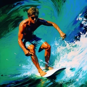 Vibrant Realism Painting of a Man Surfing, Captivating Use of Color and Light, Detailed Brushwork, W