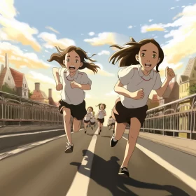 Anime Girls Joyful Run Across School Bridge in Manga Style