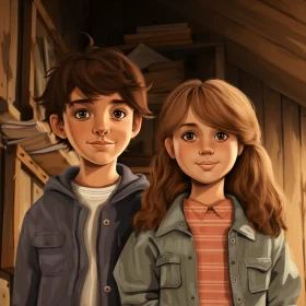 Children in Cabin - A Cartoonish Realism Artwork