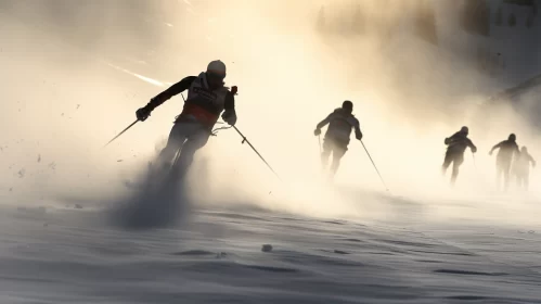 Thrilling Ski Descent on Misty Slope - High-Speed Action Photography