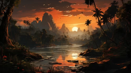 Enchanting Tropical Scene with Cascading River and Exotic Birds