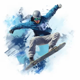 Dynamic Digital Artwork of Skateboard-like Snowboarding in Icy Landscape with PS1 Graphic Style