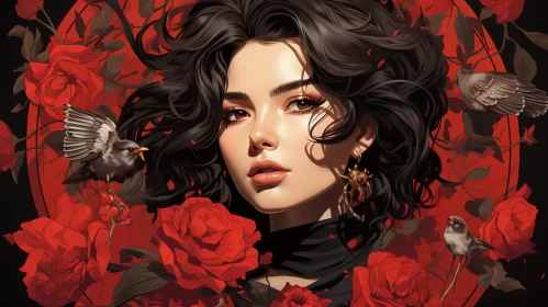 Close-up Anime-style Girl Portrait with Red Roses and Birds