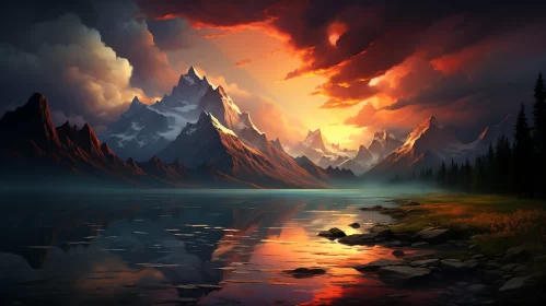 Majestic Mountain Sunrise and Calm Lake Reflection in Fantasy Landscape