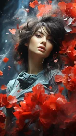 Detailed Close-Up of Woman in Cherry Blossom Petal Sea