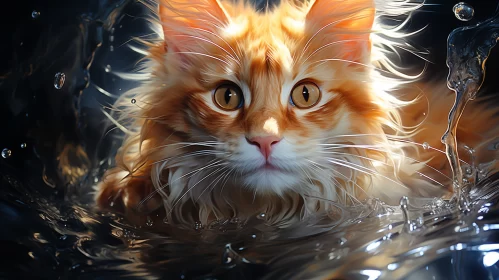 Orange Furred Cat Swimming in Luminous Water Illustration