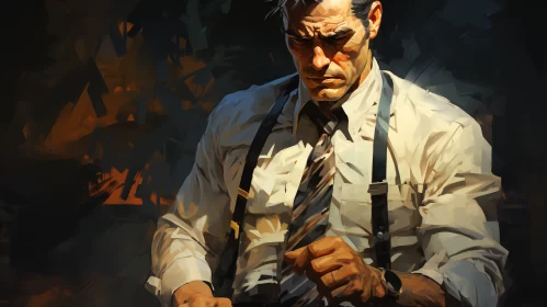 Captivating Artwork of a Sophisticated Man in Suspenders and Tie: A Stylized and Realistic Illustrat