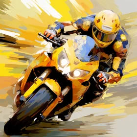 Dynamic Speed Painting of Man on Yellow Motorcycle with High-Speed Action Impasto Technique