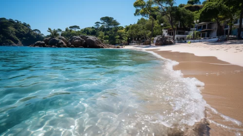 Azure Beach Scene with Mediterranean-style Buildings