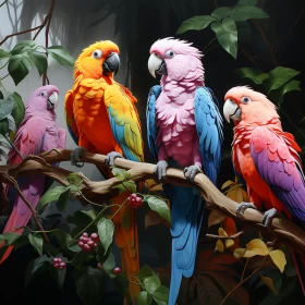 Mesmerizing Portrait of Vibrant Parrots Perched on Delicate Branches