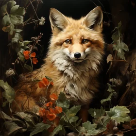 Captivating Realistic Fox Illustration Amidst Detailed Foliage