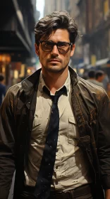 Hyper-realistic depiction of a man wearing a khaki jacket in an urban setting with layered street sc