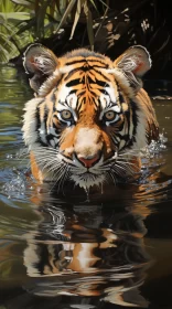 Realistic Wildlife Art: Tiger Floating in Water