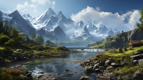 Snowy Mountains Meeting Blue River in Untouched Natural Scene