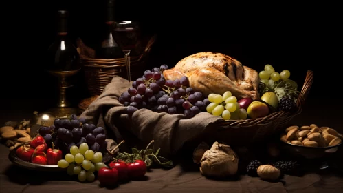 Dark and Moody Still Life: Turkey and Fruits in a Basket