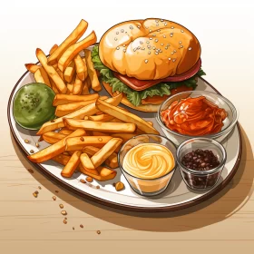 Food Art: Detailed Burger and Fries Illustration
