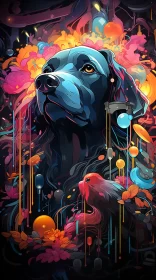 Colorful Dog Illustration with Bird Background in Mural Style