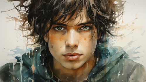 Captivating Watercolor Painting of a Youthful Young Man with Painted Eyes in a Realm of Epic Fantasy