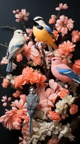 Hyperrealistic Bird Sculptures Perched on a Vibrant Floral Branch