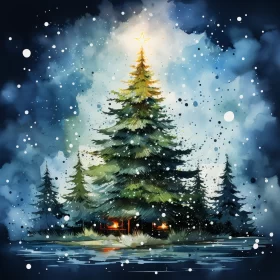 Christmas Tree Watercolor Illustration in Nighttime Landscape