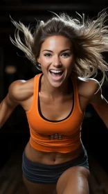 Energetic Woman Mid-Jump in Vividly Colored Scene