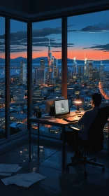 Precisionist Artwork of Man at Desk with Night Cityscape View
