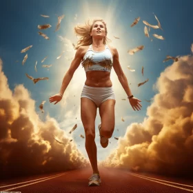 Surreal Landscape with Woman Running Amidst Pigeons