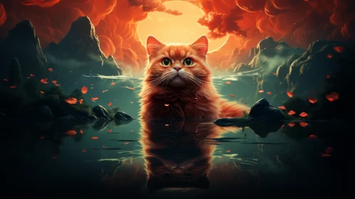Orange Cat in Tranquil Pond Under Setting Sun