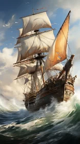 17th Century Ship Sailing on Wavy Ocean - Victorian Dragoncore Fantasy Scene
