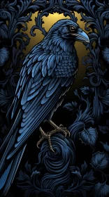 Majestic Raven Perched on Branch in Mystical Forest - Enchanting and Mysterious Artwork