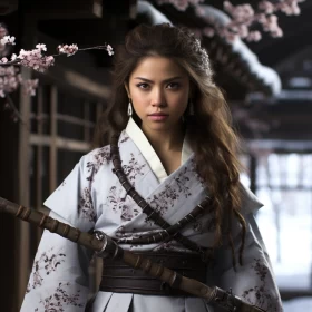 Samurai Princess in Cherry Blossom Field