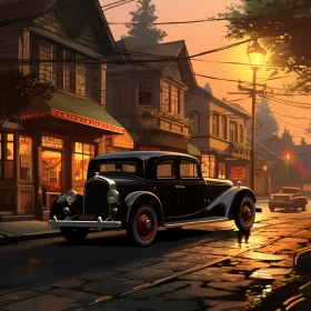 Vintage Car Street Scene in 2D Game Art Style - AI Art images