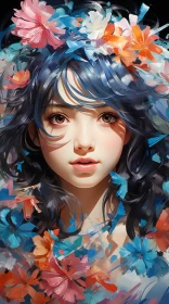 Anime-Style Girl with Floral Crown in Azure Tones