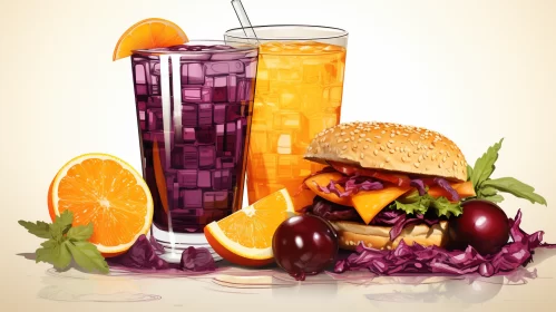 Hyper-detailed Hamburger and Glass Illustration in Vivid Colors