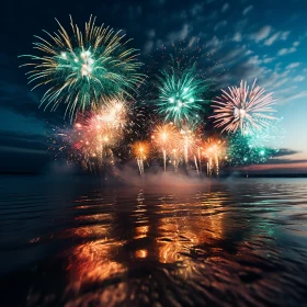 Stunning Fireworks Display Over Ocean with Reflective Colors